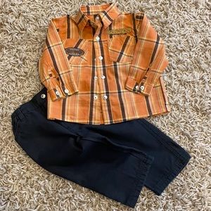 Harley-Davidson orange plaid 12 months boys button up and jeans.